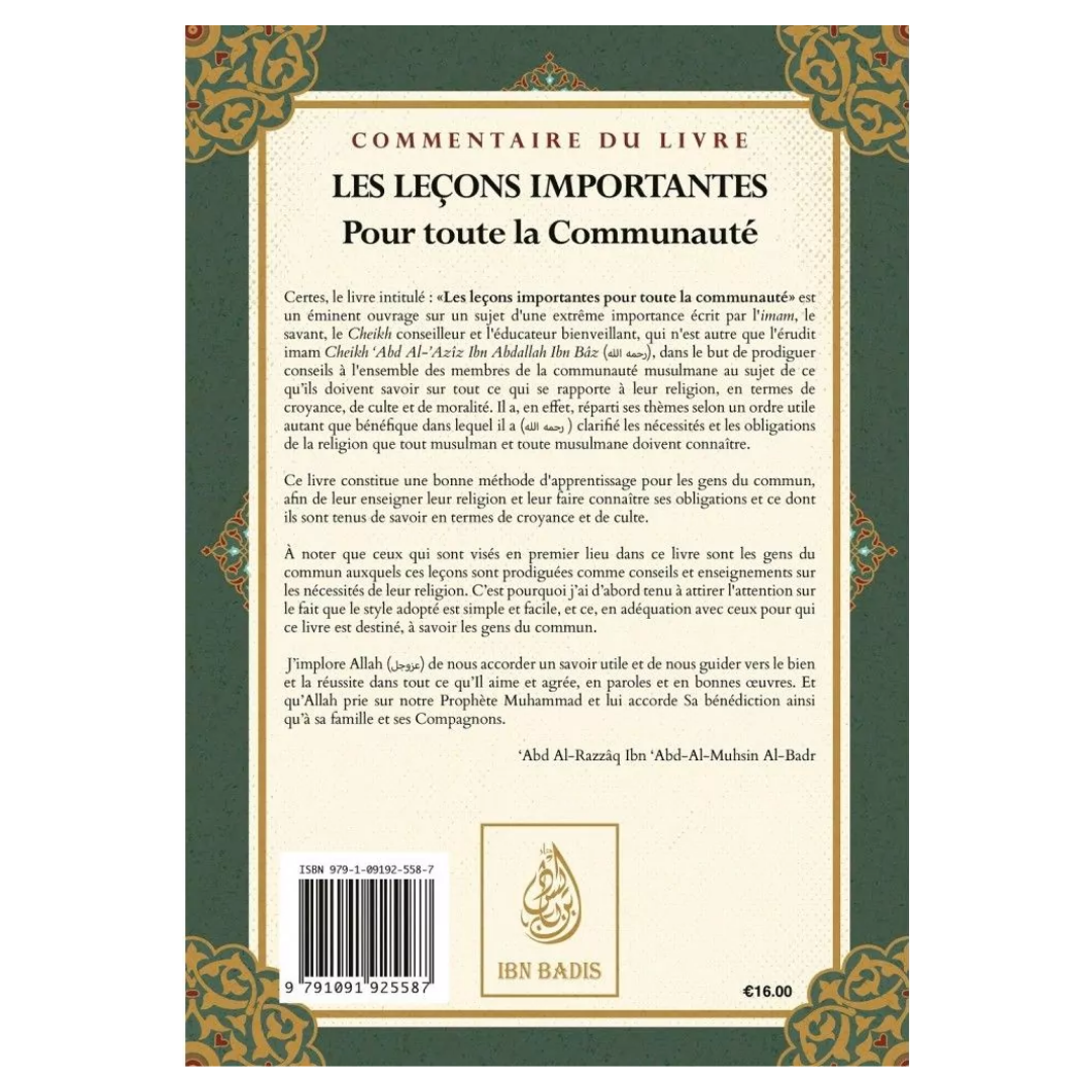 CommentaireduLivreLesleconsimportantespourtoutelacommunaute-EditionsIbnBadisVerso